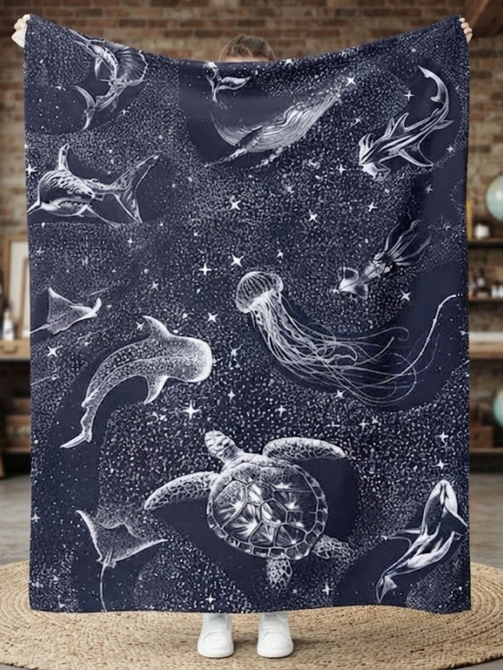 Ocean Animals Celestial Sea Life Sherpa Velveteen Cozy Blanket
